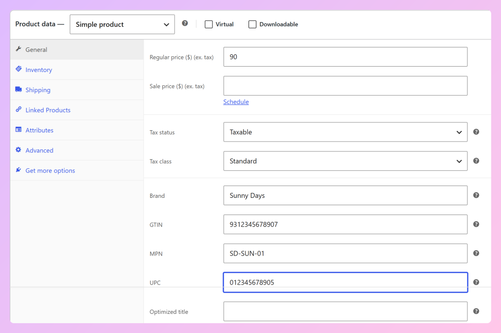 Zakładka Ogólne produktu WooCommerce pokazująca pola Product Feed Elite dla Marki, GTIN, MPN, UPC i Zoptymalizowanego tytułu