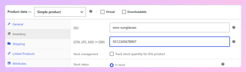 Zakładka Inwentarz produktu WooCommerce z SKU i wypełnionym wbudowanym polem GTIN, UPC, EAN lub ISBN