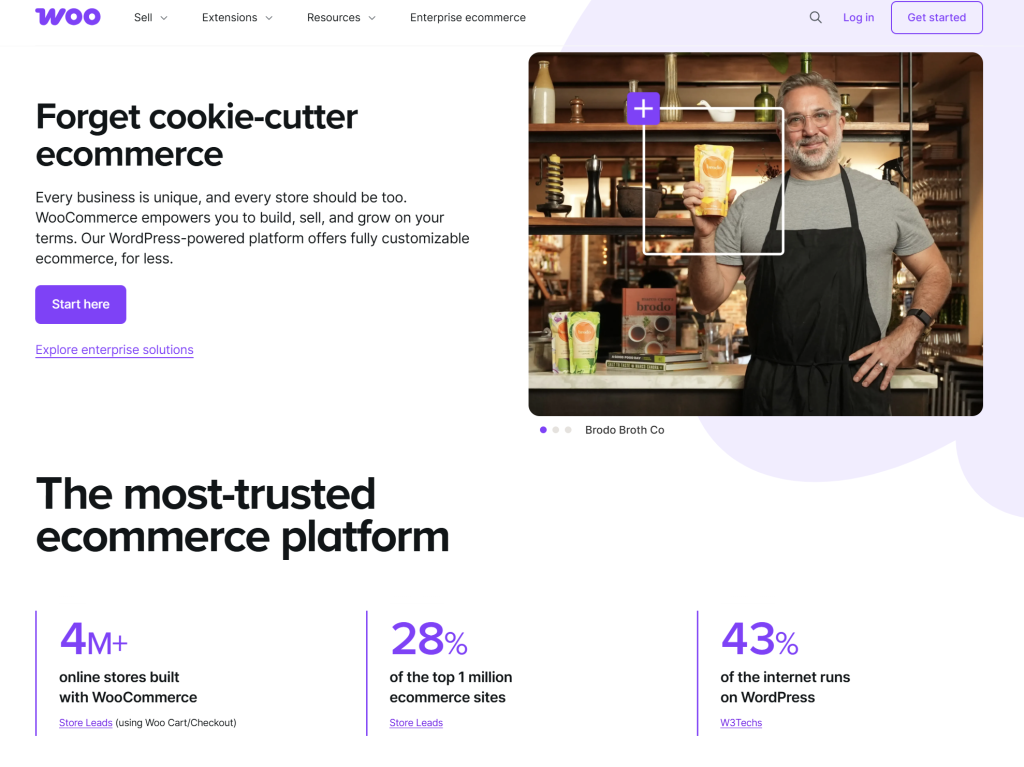 woocommerce-homepage - AdTribes WooCommerce homepage highlighting its customizable ecommerce platform with 4M+ stores and trusted performance stats.