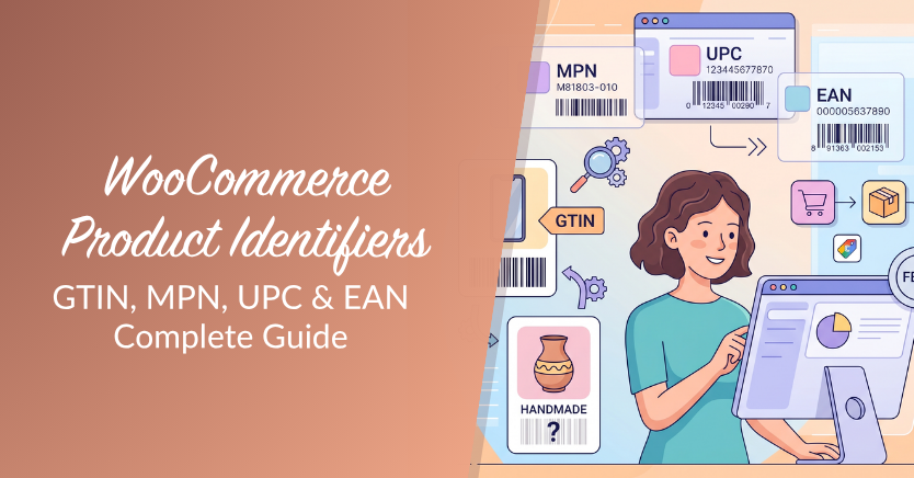 Left gradient panel with the title 'WooCommerce Product Identifiers' and subtitle 'GTIN, MPN, UPC & EAN Complete Guide'; right side shows a woman at a computer amid barcode tags and product icons, illustrating product identifiers.