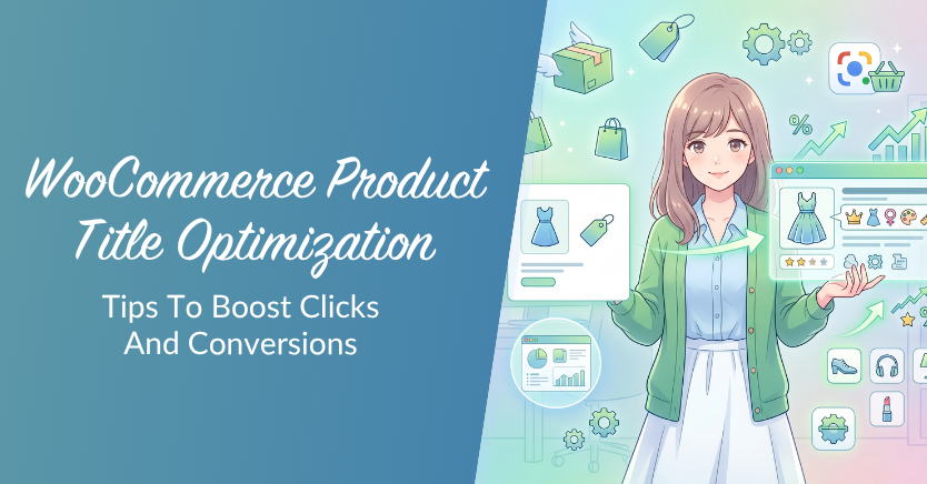 Hero banner: blue panel with 'WooCommerce Product Title Optimization' and subtitle 'Tips To Boost Clicks And Conversions' beside a colorful illustration of a woman presenting ecommerce analytics and product icons.