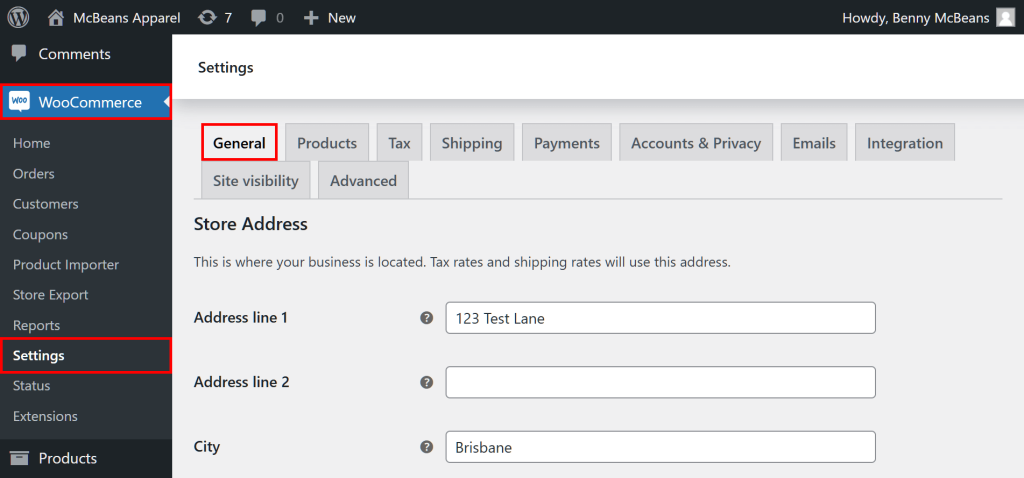 The WordPress Admin Dashboard, showing the path from WooCommerce to Settings to General, and the Settings page's Store Address section