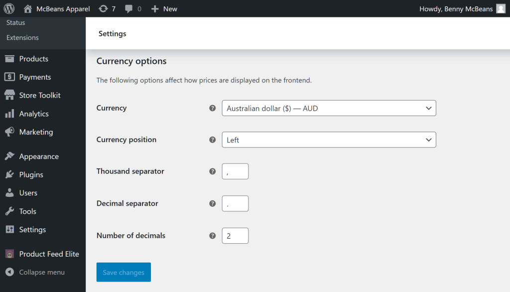 The WordPress Admin Dashboard, showing the Currency options section, which comes with numerous options, including Currency, Currency position, Thousand separator, Decimal separator, and Number of decimals