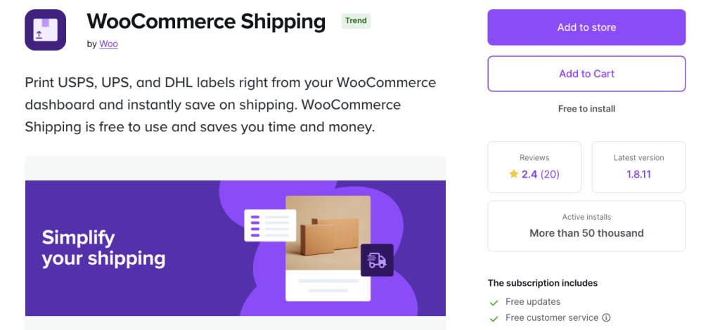 WooCommerce Shipping plugin page showing description about printing USPS, UPS, DHL labels, with purple 'Simplify your shipping' banner and package illustration.