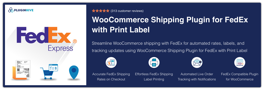 Promotional banner for a WooCommerce FedEx shipping plugin showing FedEx logo, icons for rates, label printing, live tracking, and plugin features.