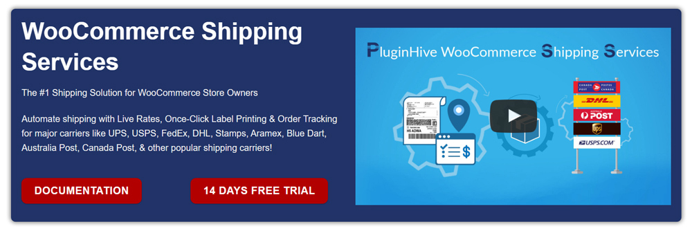 Website banner advertising WooCommerce Shipping Services, showing live rates, label printing icons, carrier logos, and red buttons for documentation and free trial.