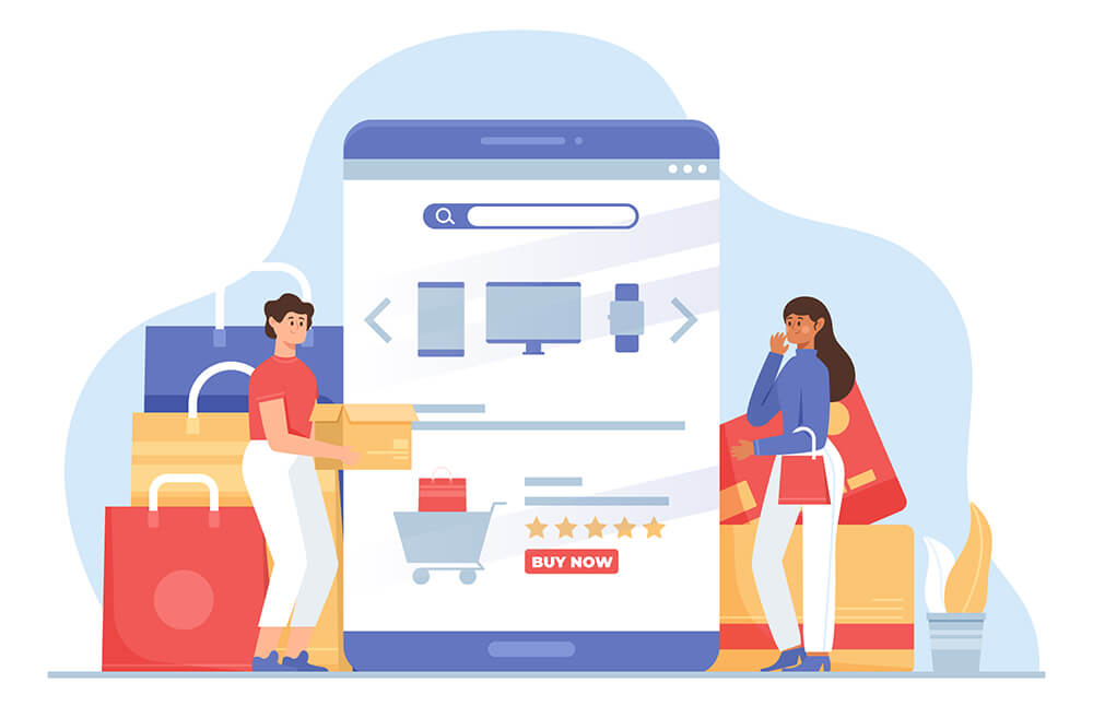 Illustration of two people shopping online with large mobile screen showing an ecommerce store interface, including product images, a shopping cart, star ratings, and a 'Buy Now' button.