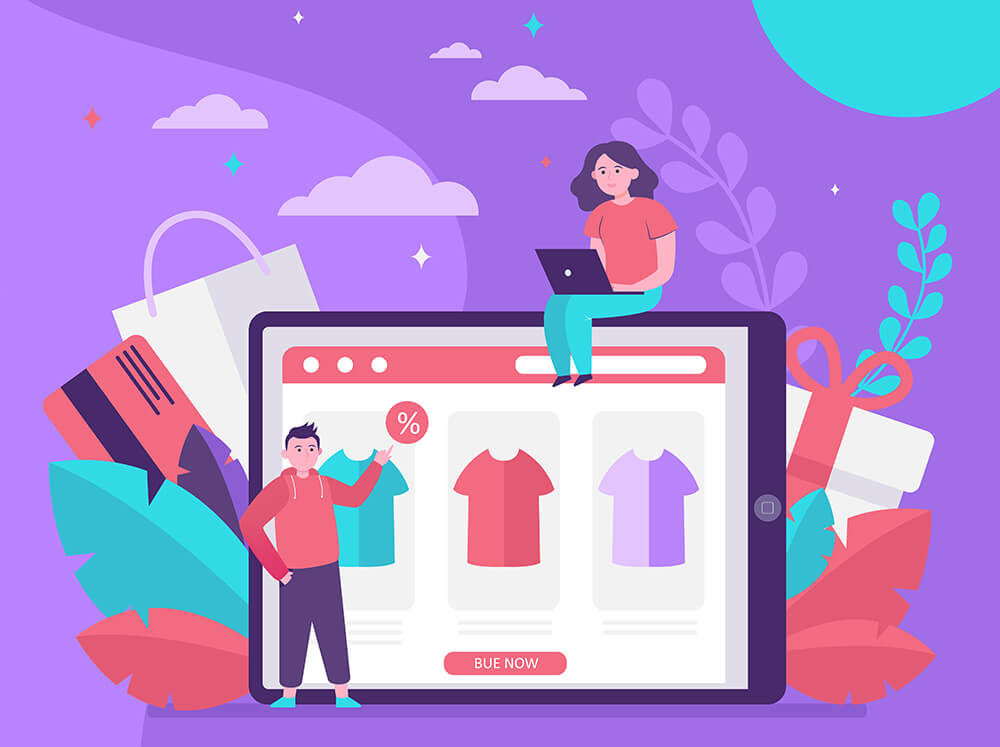 Colorful illustration of an online store on a tablet screen with three clothing items and a 'Buy Now' button, surrounded by shopping bags, gift boxes, credit cards, and two characters—one browsing with a laptop and one pointing at a discount tag.