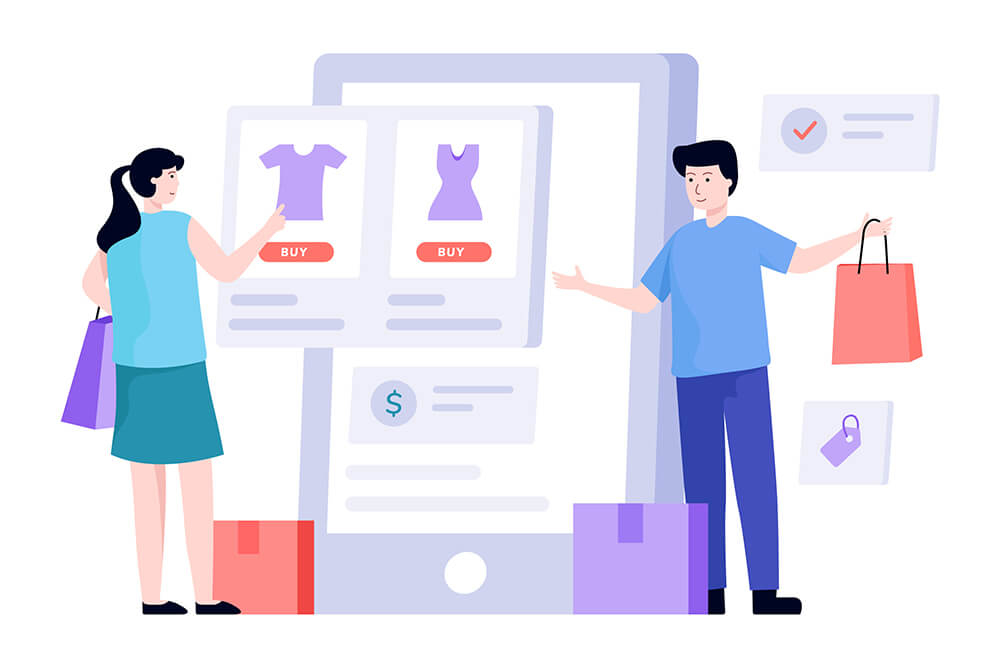 Illustration of a woman and a man shopping online using a giant smartphone screen displaying clothing items with 'Buy' buttons, surrounded by shopping bags, icons for security and verification, and currency symbols.