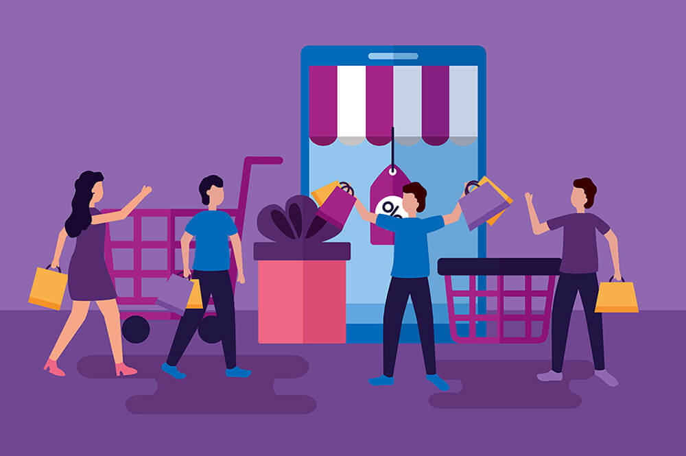 Illustration of people shopping online using mobile devices. Four shoppers carrying shopping bags interact with a large smartphone displaying a storefront with discount tags. Oversized shopping carts, baskets, and gift boxes emphasize e-commerce and digital retail.