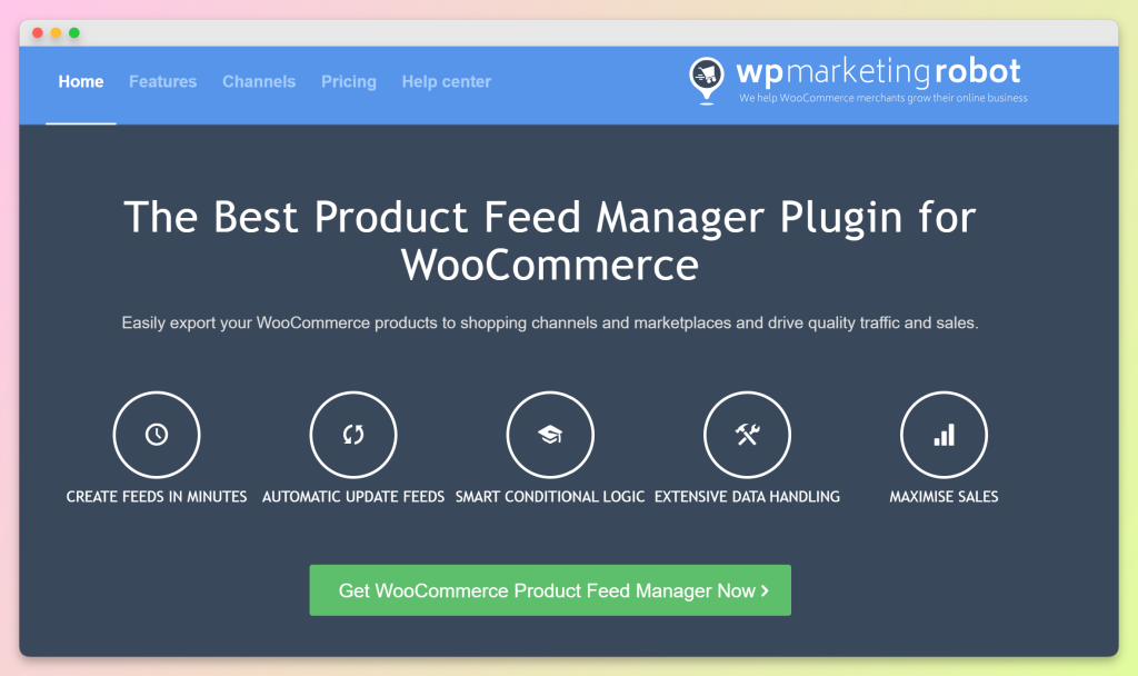 WPMR homepage showing WooCommerce product feed manager plugin features