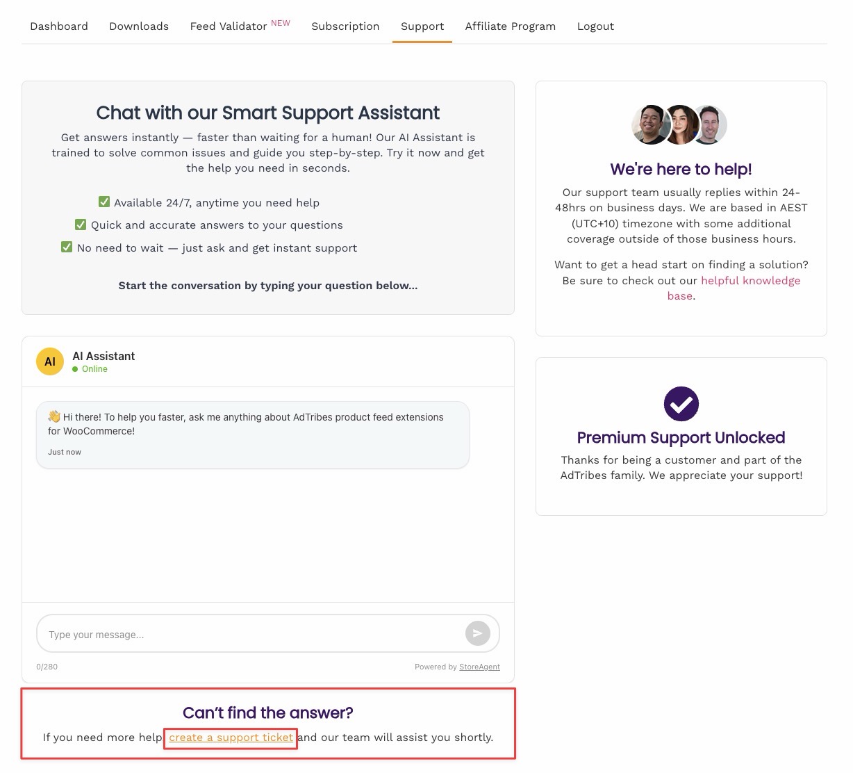 wp-adtribes-support-page - AdTribes AdTribes My Account Support page, showing the Smart Support Assistant chat widget and a "Can't find the answer? create a support ticket" link at the bottom