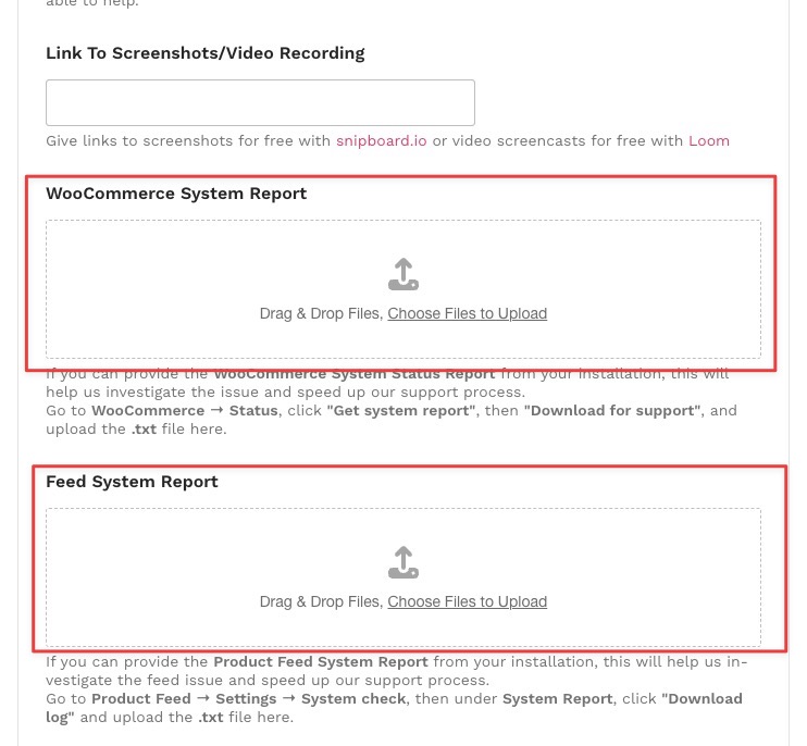 wp-adtribes-ticket-form-uploads - AdTribes AdTribes support ticket form showing the WooCommerce System Report and Feed System Report upload fields, each with a drag-and-drop upload area and instructions for generating the file