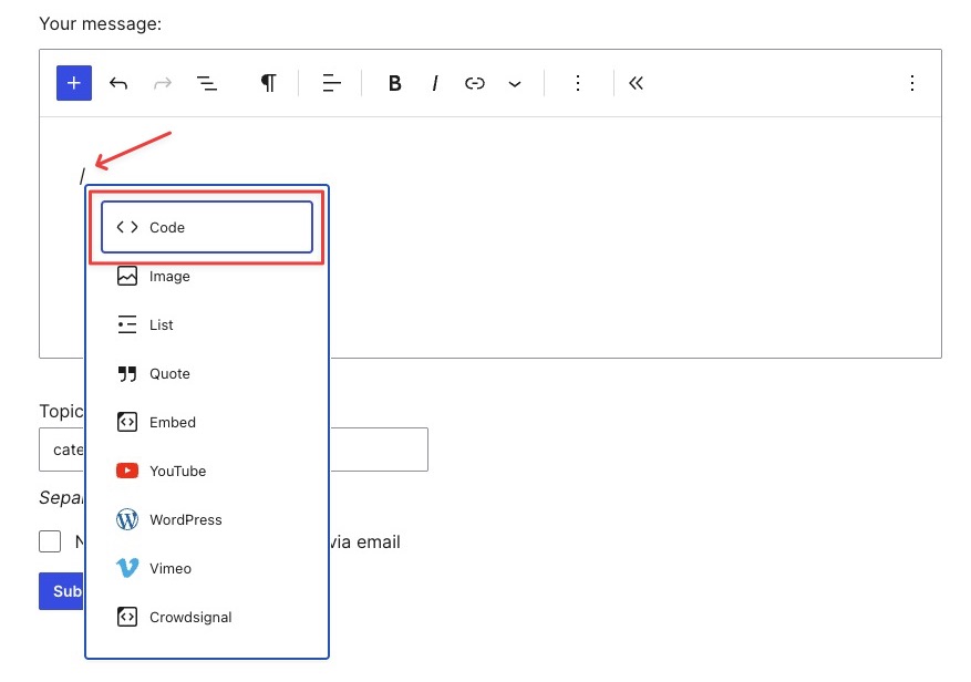 wp-forum-code-block-slash-command - AdTribes WordPress.org forum reply editor showing a slash-command menu after typing /, with Code highlighted at the top above Image, List, Quote, Embed, YouTube, WordPress, Vimeo, and Crowdsignal options