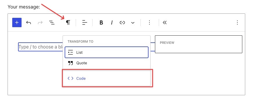 wp-forum-code-block-transform-to - AdTribes WordPress.org forum reply editor with the paragraph-mark block-type icon selected, showing the Transform to menu with List, Quote, and Code options, and Code outlined