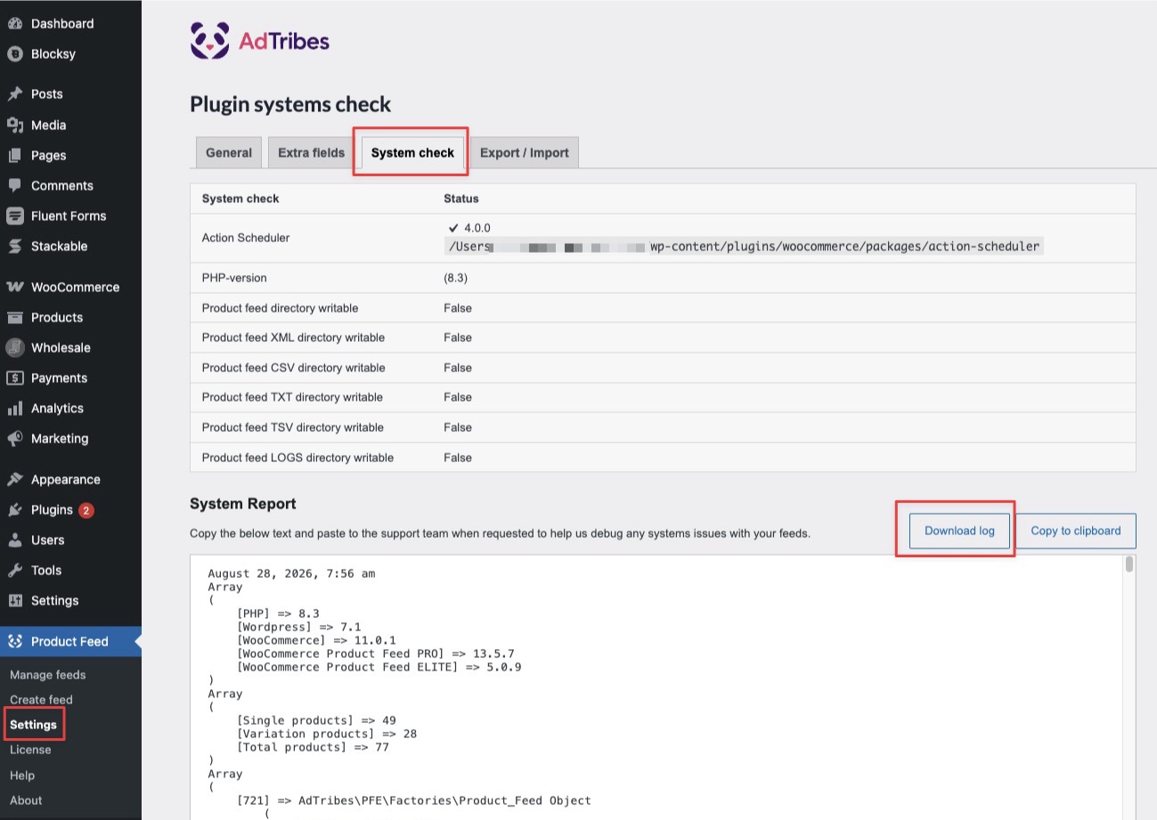 wp-product-feed-system-check-tab - AdTribes Plugin systems check page on the System check tab, showing the System check status table above a System Report section with Download log and Copy to clipboard buttons