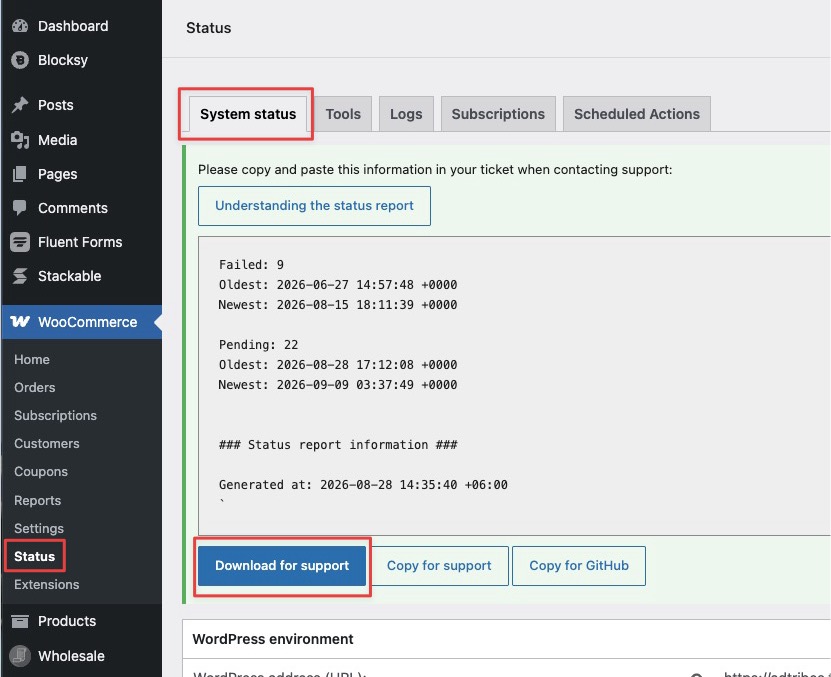 wp-woocommerce-status-download-buttons - AdTribes WooCommerce Status page after clicking Get system report, showing the generated report text above Download for support, Copy for support, and Copy for GitHub buttons