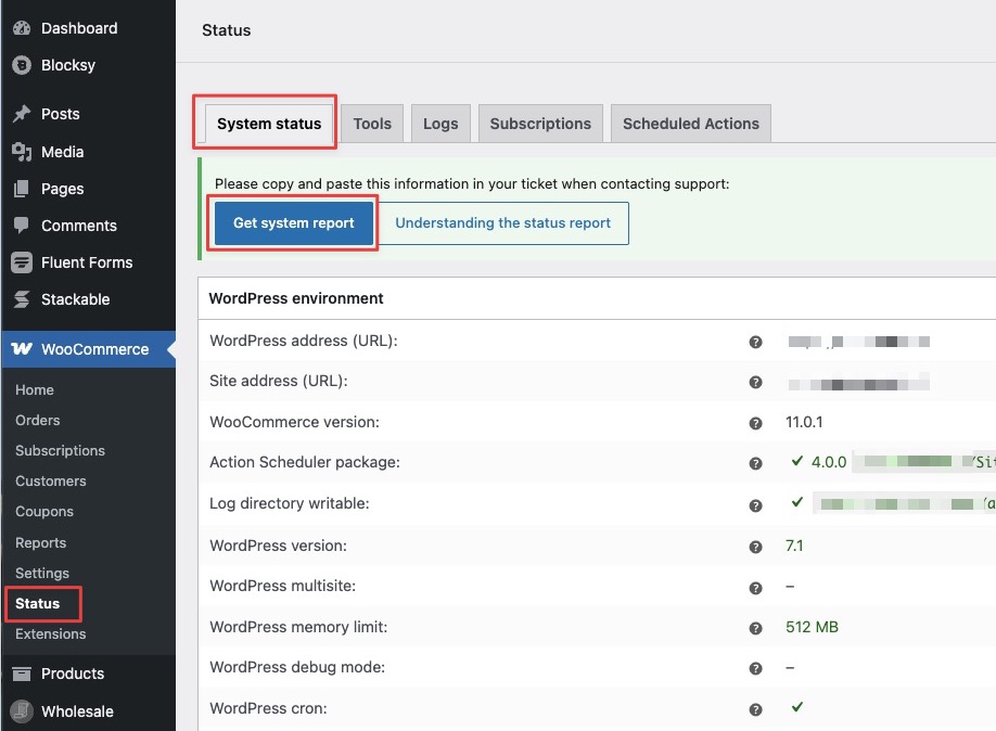 wp-woocommerce-status-get-report - AdTribes WooCommerce Status page on the System status tab, showing the Get system report button above the WordPress environment table