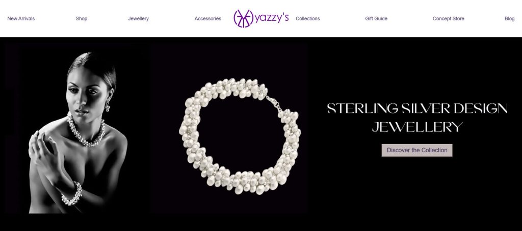 The Yazzy's homepage, showing a glamorous woman and pearl jewelry
