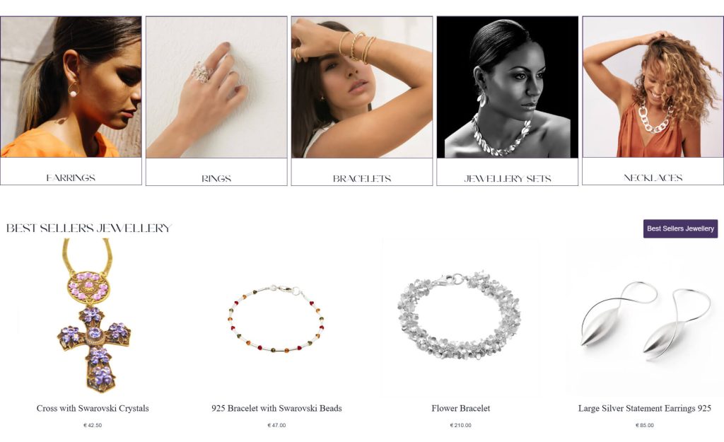 A webpage showing bestselling jewelry and accessories and female models wearing jewelry