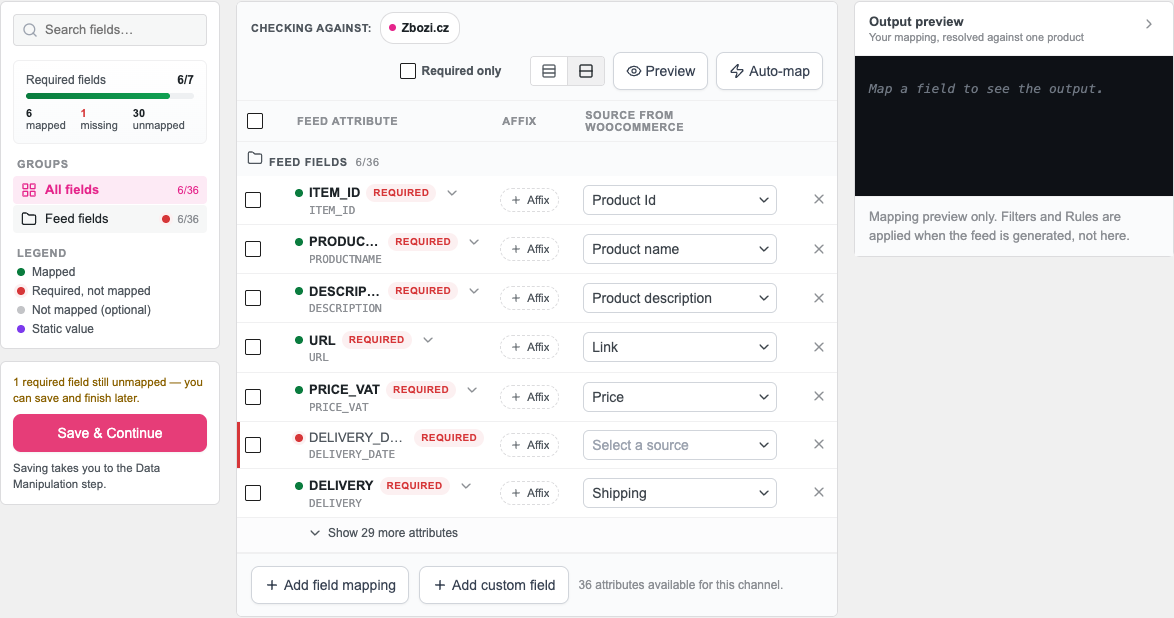 zbozi-field-mapping-delivery-shipping-1358 - AdTribes The Field Mapping tab for a Zbozi.cz feed, with the DELIVERY row mapped to Shipping in the Source from WooCommerce column