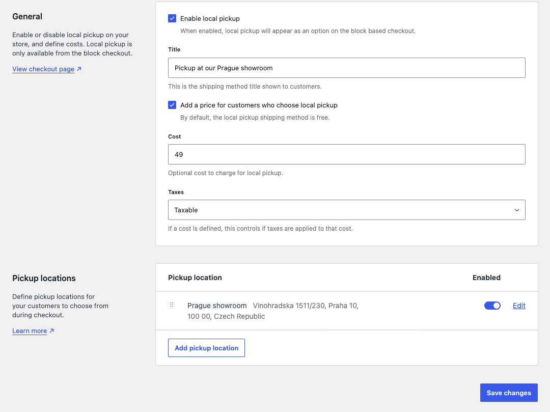 zbozi-woocommerce-local-pickup-settings - AdTribes WooCommerce Local pickup settings with local pickup enabled, a 49 pickup cost and a Prague showroom pickup location in the Czech Republic
