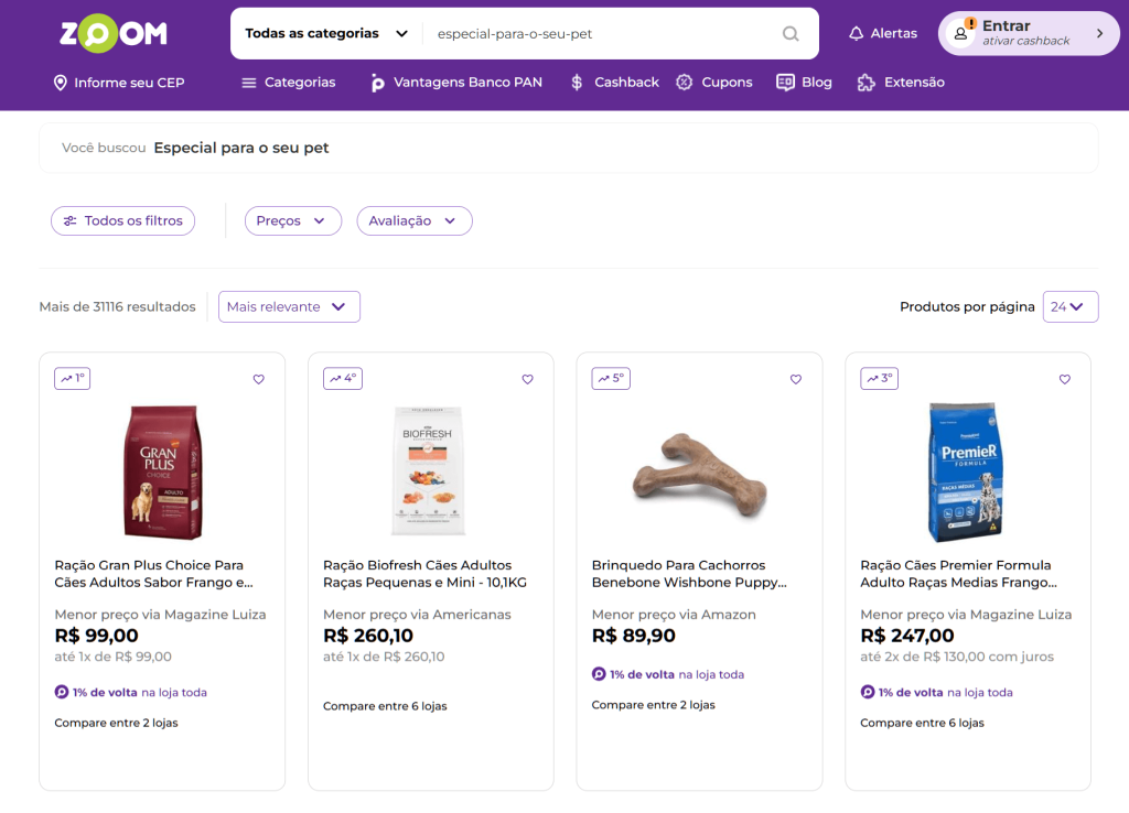 A display of pet supplies on comparison shopping engine Zoom